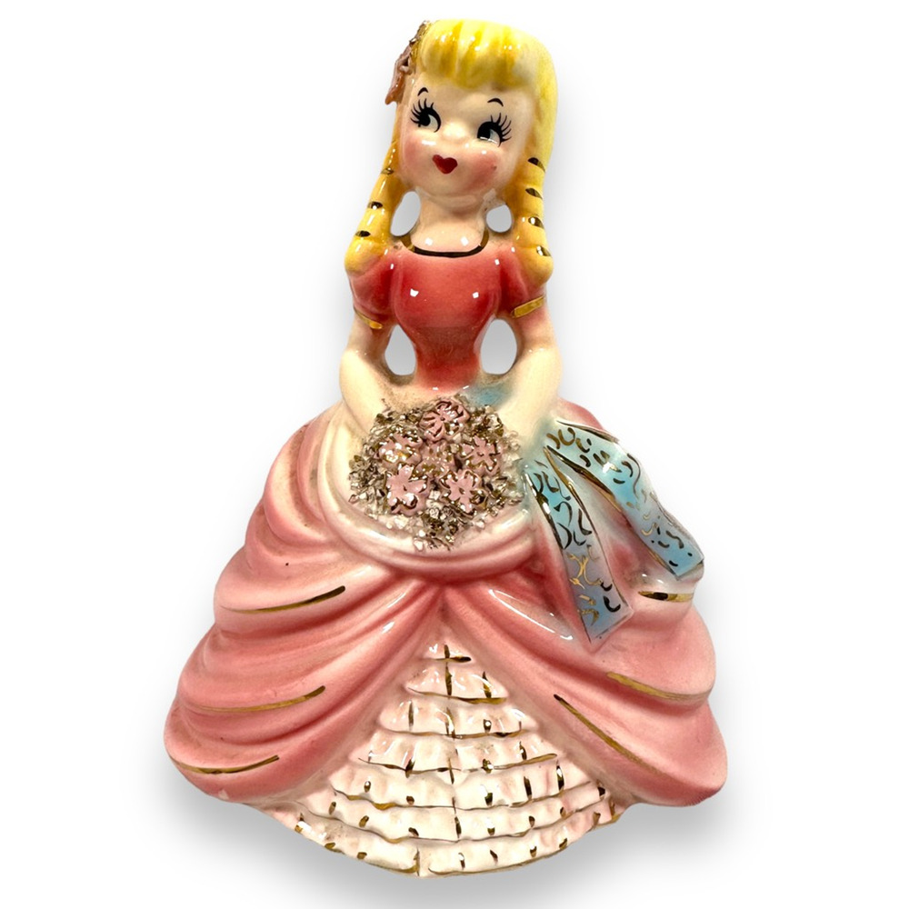 Vintage Lefton Planter Southern Belle Girl‎ Pink Dress Blonde 1950s Rare Pink